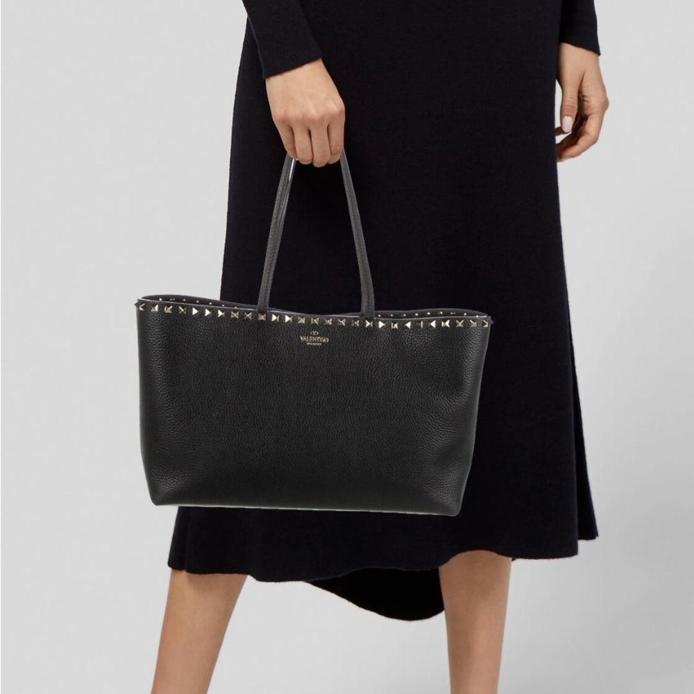 Valentino Black Leather Rockstud Tote - Small